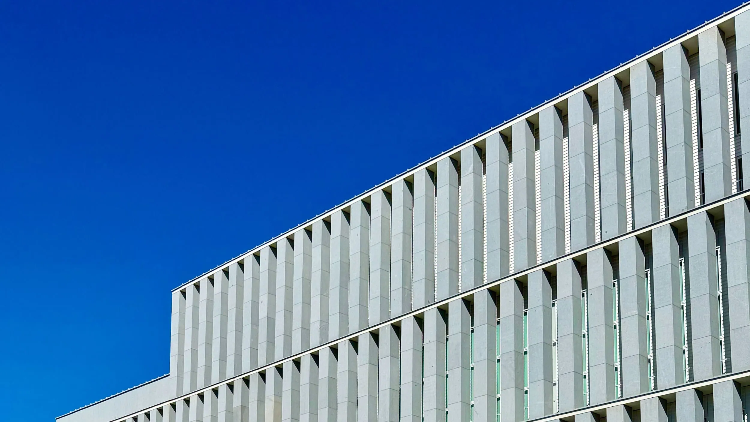 Gevel van de Galería de las Colecciones Reales in Madrid, ontworpen door Mansilla + Tuñón Arquitectos, met verticale grijze lijnen tegen een helderblauwe lucht.